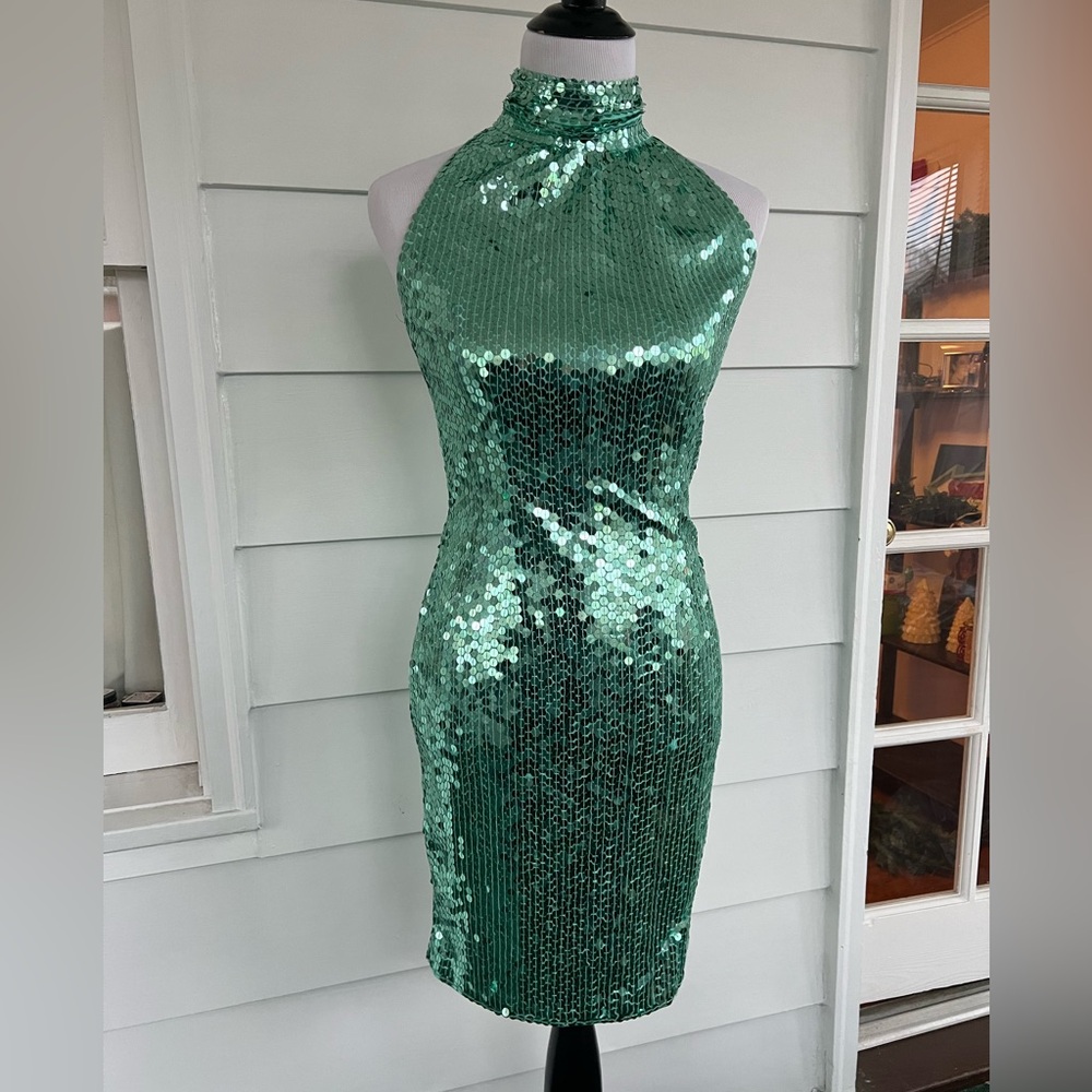 Green sequin dress with button neck -small
